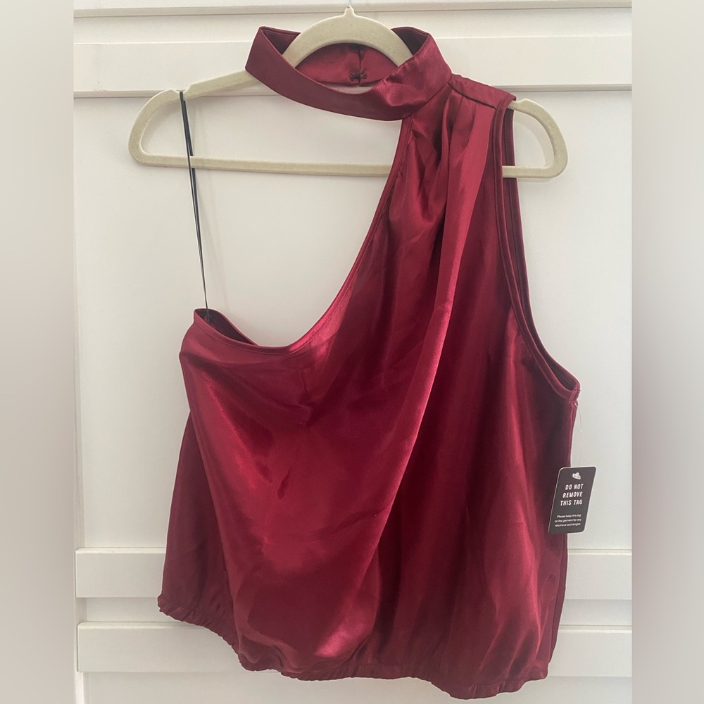Express Wine Red Satin Asymmetrical One-Shoulder Top